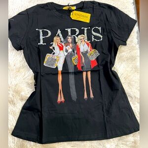 Fashion Women’s Tshirt Black Rhinestone and Pearl Design- XL